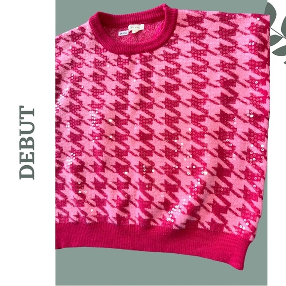 Debut Pink Houndstooth Sequin Women's Crew Neck Pullover Sweater Size Large - Picture 3 of 5